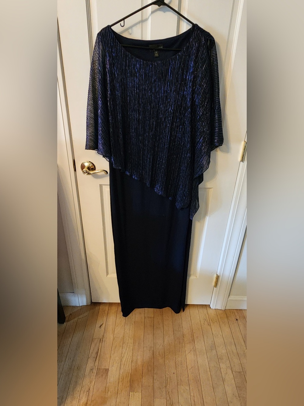 Elegant Navy Blue Evening Dress with Shimmer Overlay